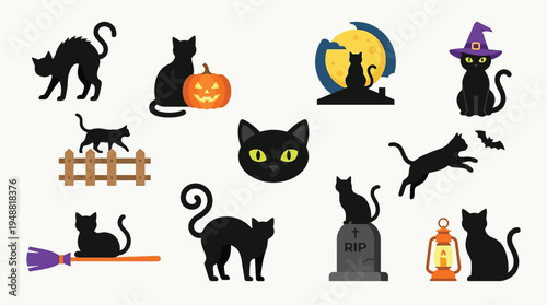 A collection of black cat illustrations with Halloween themes, including pumpkins, witch hats, brooms, and bats.