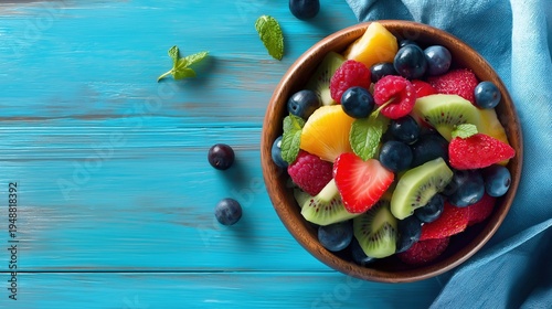 Fresh mixed fruit salad with berries, kiwi, and pineapple in wooden bowl on blue wooden background, refreshing summer healthy snack with mint leaves and vibrant colors.