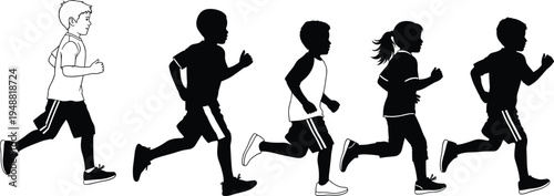 Group of diverse active children running together in a line silhouette illustration for youth sports health and fitness lifestyle concepts