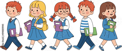 Group of happy diverse school children walking to class carrying books and backpacks wearing blue uniforms for back to school