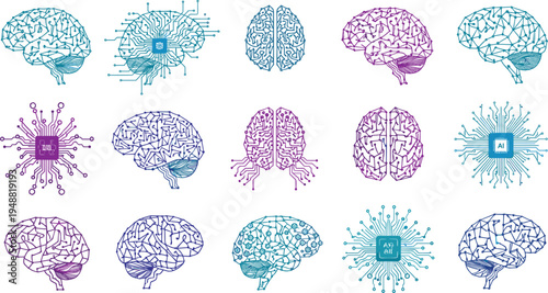 Artificial Intelligence Brain and Microchip Technology Icon Set with Neural Network Circuit Patterns for AI, Machine Learning, Data Science, and Digital Innovation Concepts
