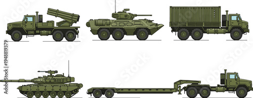 Military Vehicle Set with Main Battle Tank Rocket Launcher Armored Personnel Carrier Transport Truck and Lowboy Trailer Flat Vector Illustrations