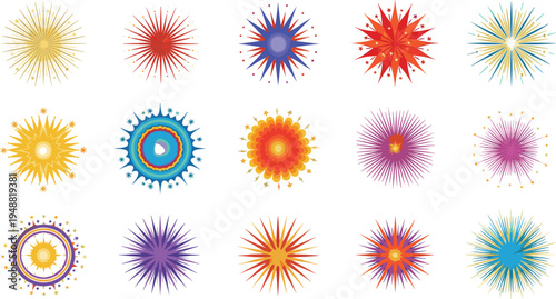 Colorful Fireworks and Sparkler Icon Set with Exploding Starburst Shapes for New Year Celebration, Festive Party Events, and Carnival Holiday Designs