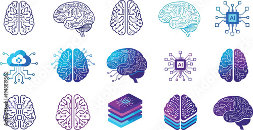 Artificial Intelligence Brain Circuit Icon Set with AI Chip Neural Network Technology Cloud Computing and Machine Learning Symbols