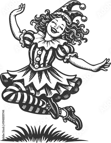 Jester girl dancing vintage engraving clown illustration