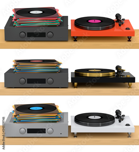 Set of modern turntables with integrated amplifiers, placed on wooden stands, isolated on white background. Concept of retro music