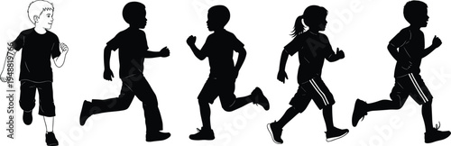 Set of Diverse Children Running Silhouettes with One Caucasian Boy Outline Concept for Diversity Inclusion and Kids Active Lifestyle Group