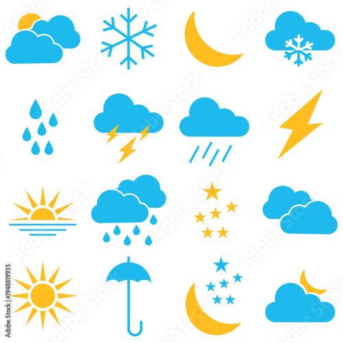 Weather Forecast Icon . Minimal  weather icons set including sun, cloud, rain, wind, snow, and temperature symbols for forecast apps, UI design, and meteorology graphics.