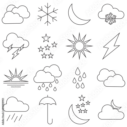 Weather Forecast Icon . Minimal  weather icons set including sun, cloud, rain, wind, snow, and temperature symbols for forecast apps, UI design, and meteorology graphics.