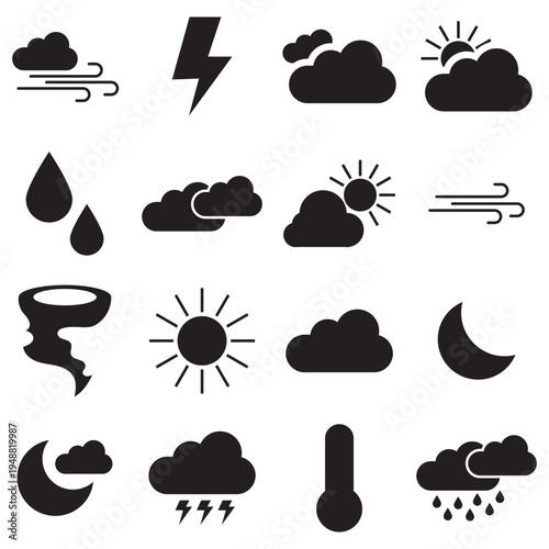 Weather Forecast Icon . Minimal  weather icons set including sun, cloud, rain, wind, snow, and temperature symbols for forecast apps, UI design, and meteorology graphics.