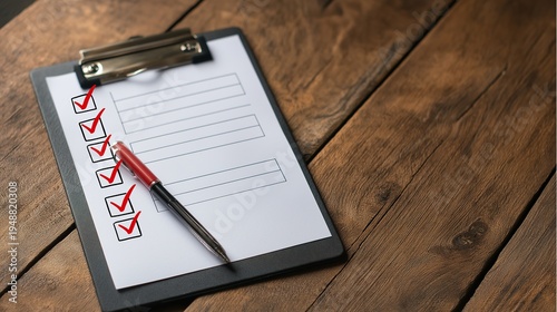 Professional clipboard with red check marks and a pen on a rustic wooden desk, signifying completed projects, quality assurance, audit results, and effective business administration.
