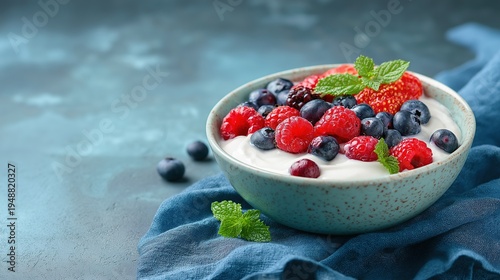 Fresh morning breakfast of probiotic yogurt served with a variety of summer berries and green mint in a ceramic bowl on a blue rustic textile.