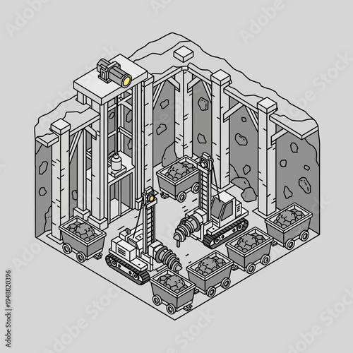 Isometric view of a mine interior with machinery, carts, and an elevator.