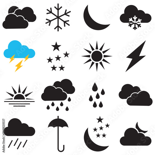 Weather Forecast Icon . Minimal  weather icons set including sun, cloud, rain, wind, snow, and temperature symbols for forecast apps, UI design, and meteorology graphics.