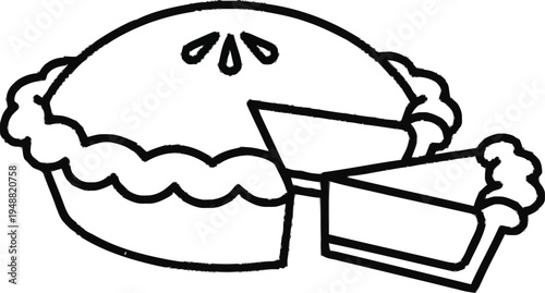 Fresh baked pie with slice vector line art illustration for traditional dessert bakery menu food preparation icon