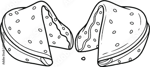 Hand drawn fortune cookies broken in half with sesame seeds and fortune paper slip inside outline vector illustration