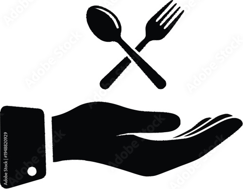 Flat silhouette icon of hand holding crossed fork and spoon symbols for catering service or restaurant food delivery