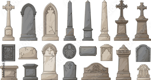 Gravestone and Tombstone Monument Set with Cross Memorial Headstones Cemetery Markers and Vintage Stone Grave Icons for Funeral, Memorial, and Cemetery Design