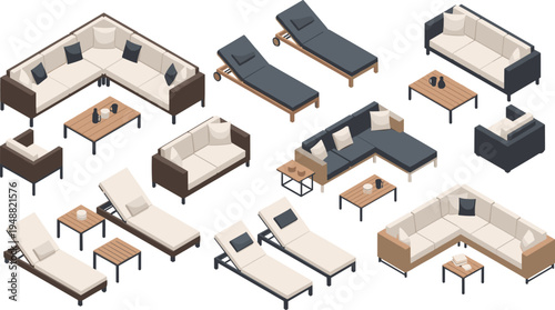 Modern Isometric Outdoor Furniture Set with Luxury Garden Sofas, Loungers, and Coffee Tables for Patio Design, Architecture Visualization, and Terrace Landscaping