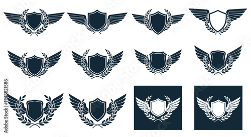 Winged Shield Emblems Set, Heraldic Crests with Laurel Wreaths, Vintage Badges