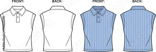 Men Sleeveless Polo Shirt Technical Fashion Flat Sketch Set, Front and Back Views Apparel CAD Garment Design Illustration