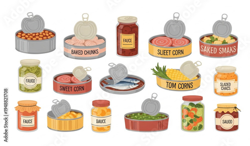 Preserved canned food containers vector icon set with tin cans jars beans fish meat vegetables flat grocery storage illustration isolated on white