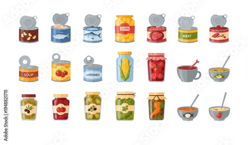 Canned food and preserved goods vector set with metal tin cans jars beans fish meat vegetables flat grocery illustration isolated on white