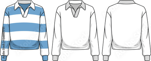 Men striped rugby shirt technical fashion flat long sleeve collar pullover vector illustration