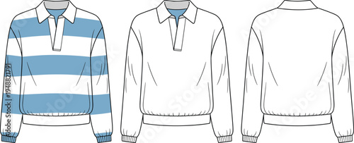 Men striped rugby sweatshirt technical fashion flat long sleeve collar pullover vector illustration