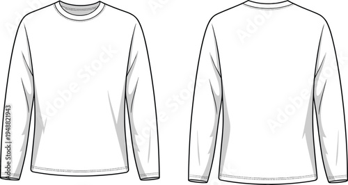 Men’s basic long sleeve crew neck t shirt technical fashion flat sketch, front and back views casual apparel template – vector illustration