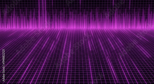 Abstract futuristic grid with vibrant purple light rays and digital wave effect background