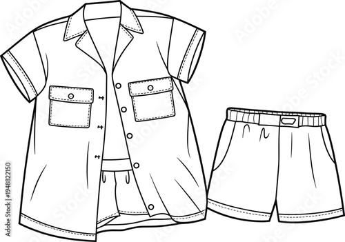 Men’s casual summer shirt and shorts outfit technical fashion flat sketch, button up shirt with pocket details and elastic waist shorts – vector illustration