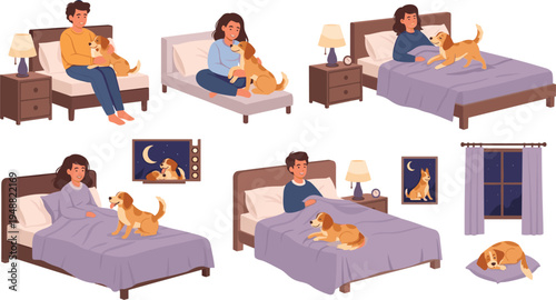 People Relaxing in Bed with Pet Dog at Night Cozy Home Bedroom Scene Collection Showing Owners and Dogs Sleeping Together Illustration