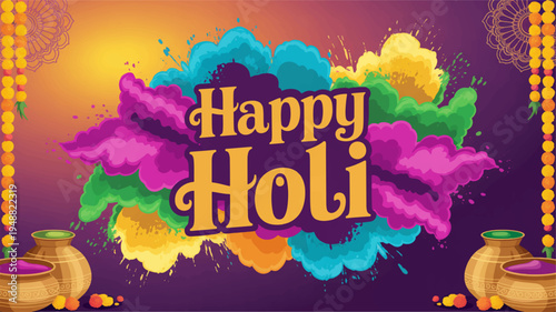 Vibrant holi celebration background with colorful powder and traditional pots