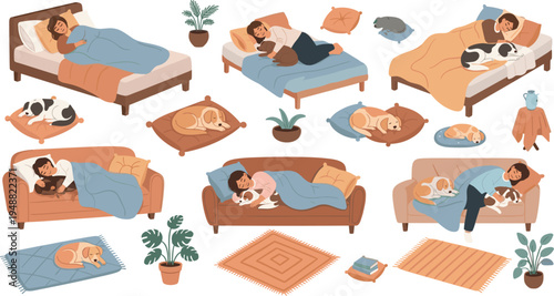 People Sleeping and Relaxing with Pet Dogs at Home Collection Cozy Bedroom and Sofa Scenes Showing Owners Resting with Cute Pets