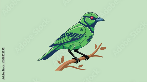 Green Bird on Branch Perched.