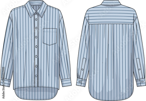 Men’s striped long sleeve button down shirt technical fashion flat sketch, front and back views with chest pocket detail – vector illustration