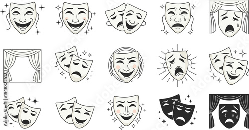 Theater Comedy and Tragedy Mask Icon Set with Stage Curtain Drama Performance Acting Symbols and Classic Theatre Illustration Collection