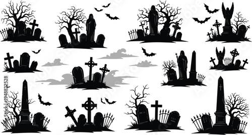 Spooky Halloween Graveyard Silhouette Collection with Tombstones Crosses Bats Dead Trees Angel Statue and Haunted Cemetery Scene Illustration Set