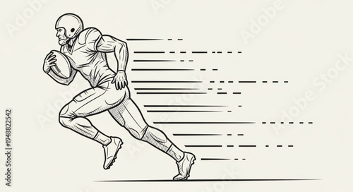 American Football Player Running with Ball Sketch Style.