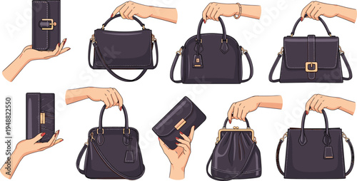 Women Hands Holding Luxury Handbags and Wallets Collection with Elegant Fashion Purses Clutch Bags and Stylish Designer Accessories Illustration