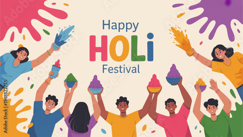 People celebrating holi festival with colorful powders and joyful expressions in vibrant atmosphere