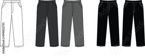 Minimalist pants design template set with front views in multiple colors for fashion apparel mockup and clothing design