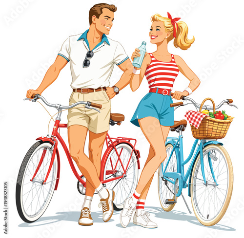 073-25-Vintage style couple with bicycles and picnic basket smiling on a summer day