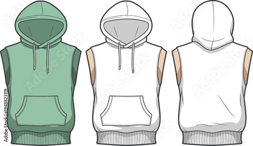 Sleeveless hoodie sweatshirt technical fashion flat with kangaroo pocket and drawstring hood front and back cad drawing flat vector illustration