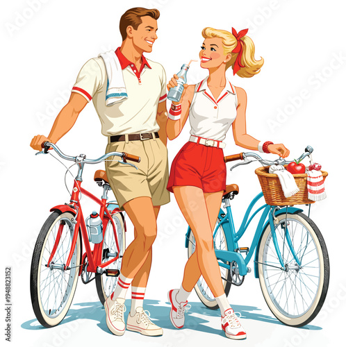 073-26-Vintage style couple with bicycles and picnic basket smiling on a summer day