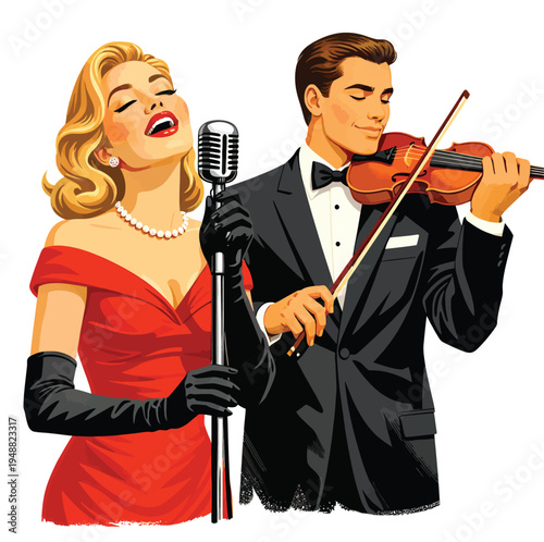 073-29-Female singer performing with microphone while male violinist plays instrument in pop art style