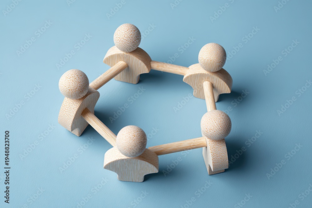Obraz premium Connected Circle: A symbolic representation of unity and interconnectedness. Wooden figurines link arms, forming a cohesive circle against a backdrop of soft blue.