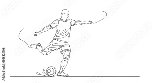 Soccer player kicking a ball in a dynamic line art style.
