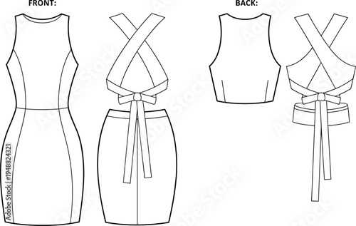 Women bodycon dress with criss cross back straps technical fashion flat front and back vector illustration